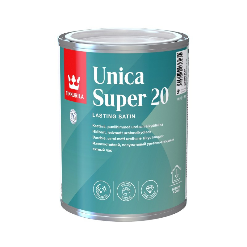Tikkurila Unica Super 20 - зносостійкий напівматовий уретано-алкідний яхтний лак (База EP), 0,9 л