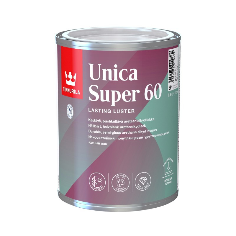 Tikkurila Unica Super 60 - зносостійкий напівглянсовий уретано-алкідний яхтний лак (База EP), 0,9 л