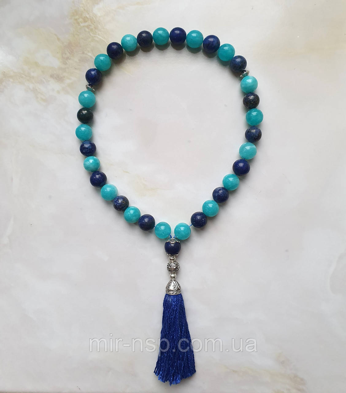 Чотки 33 намистини натуральні лазурит та кварц 10 мм вага 53г, фото 1