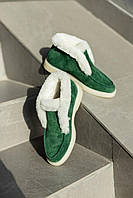 Женские зимние ботинки-лоферы Green (зелёные) качественная утеплённая низкая обувь на меху art10132 топ