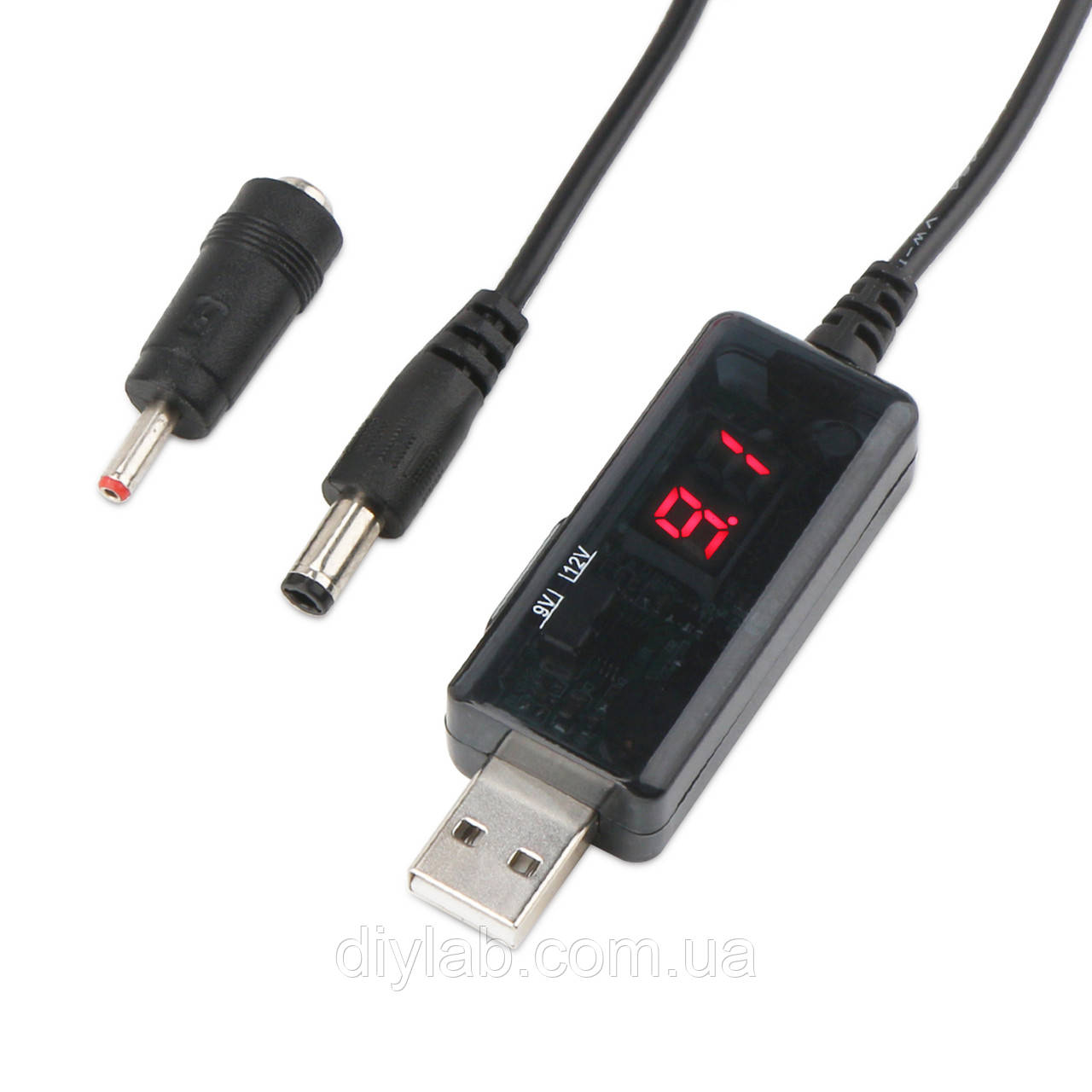 Підвищувальний стабілізатор DC-DC USB A to DC jack 5.5 (Вих: 9В/1А, 12В/0.8А) з вольтметром