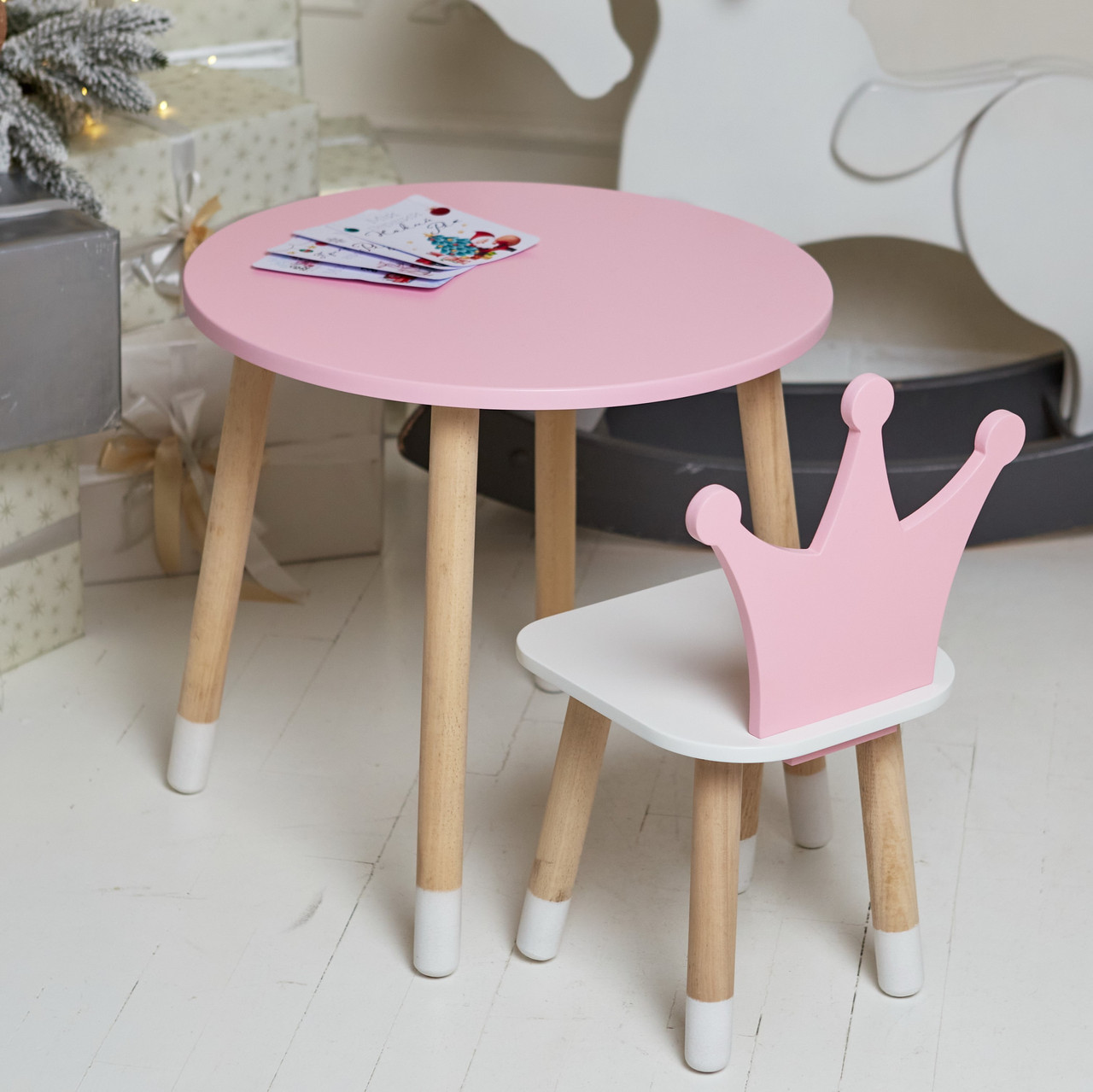 Рожевий круглий столик і стільчик дитячий корона з білим сидінням. Рожевий дитячий столик, фото 1