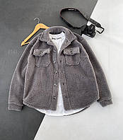 Рубашка мужская теплая оверсайз (серая) sr141 классная плюшевая (барашек) качественная овершорт cross