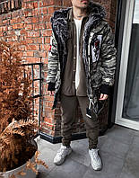 Мужская джинсовая зимняя куртка длинная c картинками (черно-белая) sop21 молодежная красивая стильная с мехом