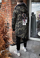 Мужская джинсовая зимняя куртка длинная c картинками (серый камуфляж) sop22 молодежная стильная с мехом топ