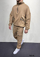 Мужской спортивный костюм штаны и худи на молнии (бежевый) А6202 классный дизайнерский с карманами и застежкой L