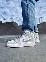 Женские кроссовки Nike Air Jordan 1 Retro Mid Grey Silver (серые с белым) высокие красивые кеды L0577 топ