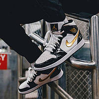 Женские кроссовки Nike Air Jordan 1 Retro Mid Patent Black Gold (чёрные с белым и золотистым) высокие L0689