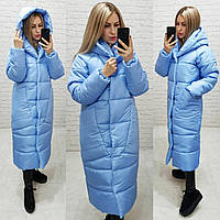 Куртка кокон длинная зимняя в стиле одеяло M500 небесный голубой / голубого цвета
