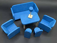 Лялькові меблі для дітей дерев'яні "Вітальня" комплект ручної роботи синій колір / Лялькові меблі для дітей