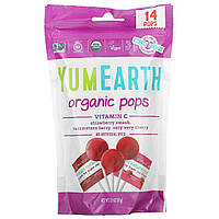 YumEarth, Organic Pops, витамин C, клубничное мороженое, ягоды раззматаз, вишня, 14 леденцов, 87 г (3,1 унции)