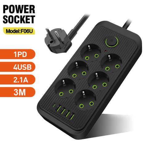 Мережевий фільтр живлення UA Power F06U 6 м 6 розеток і 4 USB + 1 PD мережевий подовжувач розеток
