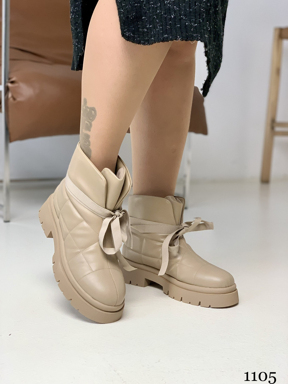 Модні жіночі зимові черевики стьобані бежеві, Зимові чоботи дутики, фото 1