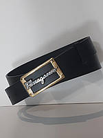 Ремень женский кожаный чёрный 35 мм с золотистой пряжкой 02.079.061