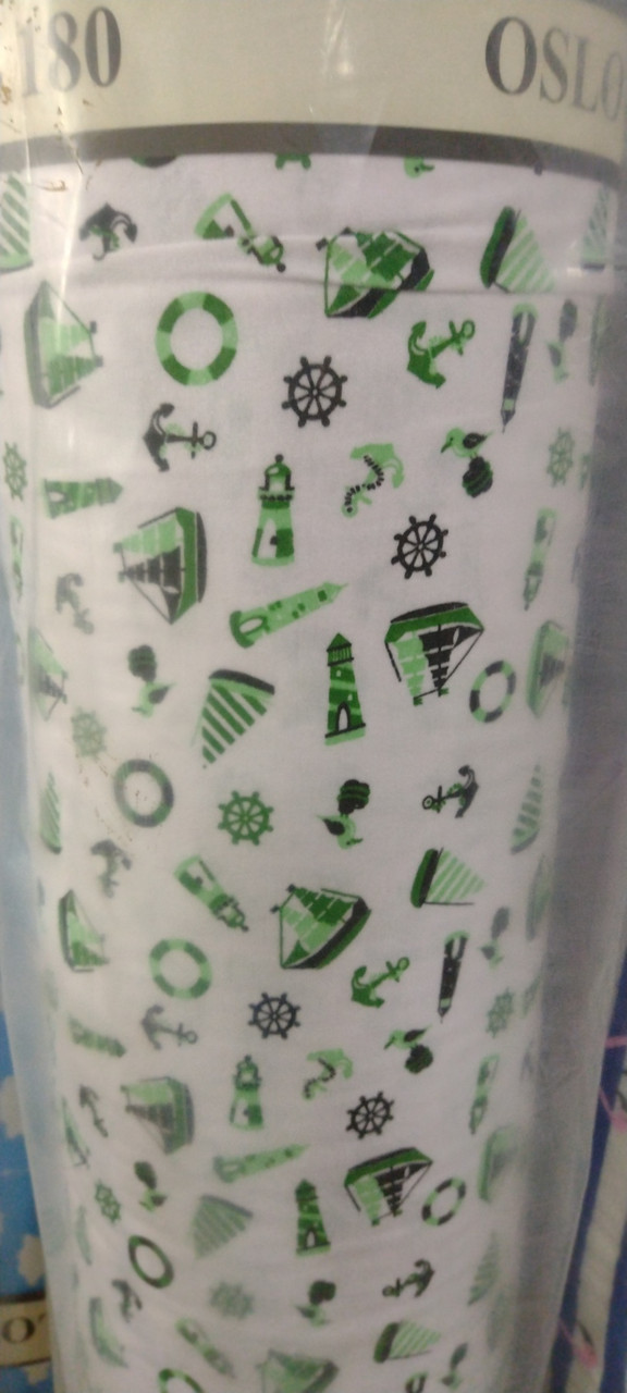 Постільна тканина 180 см білоземельна набивна Фланель (байка) з малюнком зелені кораблики, у рулоні 40 м