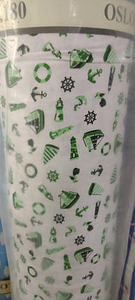 Постільна тканина 180 см білоземельна набивна Фланель (байка) з малюнком зелені кораблики, у рулоні 40 м, фото 1