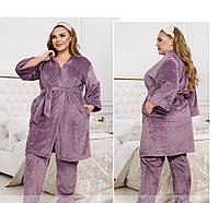 Женский теплый домашний костюм-пижама: халат-кардиган и брюки 66/68, Фиолетовый