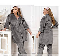 Женский теплый домашний костюм-пижама: халат-кардиган и брюки 66/68, Серый