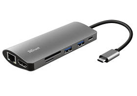 Хаб Trust Dalyx 7-IN-1 USB-С > 2xUSB-А 3.2/USB-С/HDMI/Ehernet/SD/microSD, Алюміній, 0.25м, Сірий Baumar - Завжди Вчасно