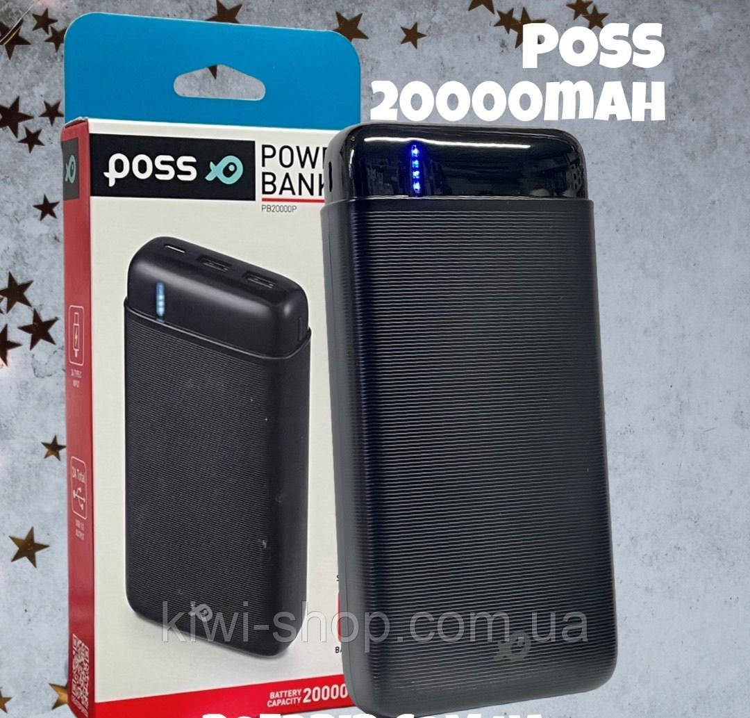 Оригінал повербанк POSS 20000 mAh чорний (2 USB +type-c), power bank 20000 мА·год, універсальна мобільна батарея