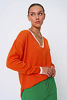 Женский свитер джемпер оранжевый с белой полоской с V- образным вырезом удлинённый распорками по бокам