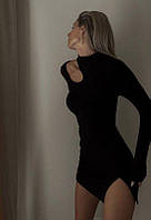 Платье мини Открытая ключица Юбка с разрезом Длинный рукав Вискоза 42-46 Универсал Черное короткое платье
