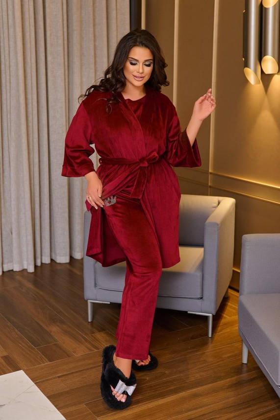 Велюровий домашній костюм жіночий бордовий трійка великих розмірів (6 кольорів) ЮР/-72200, фото 2