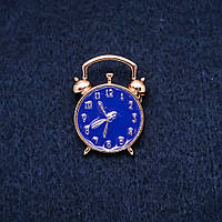 Брошь Часы Будильник синяя эмаль желтый металл 20х27мм