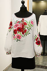 Вишиванка жіноча з довгим рукавом - реглан, вишивка - маки, Онікс, колір - білий.