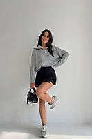 Женский свитер с молнией серый крупной вязки свободный высоким воротом|Модный свитер для девушек 42-48 Турция