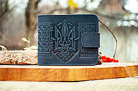 Мужской кожаный кошелек темно-синий с тиснением Тризуб Герб Украины
