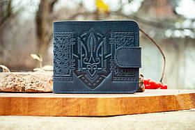 Чоловічий шкіряний гаманець темно-синій з тисненням Тризуб Герб України