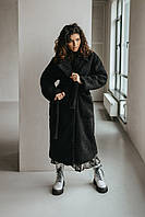 Шуба-пальто женская с поясом черная эко-букле