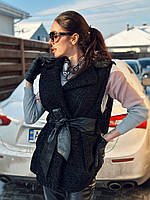 Женская жилетка большого размера из меха каракуля с кожаным поясом 3XL