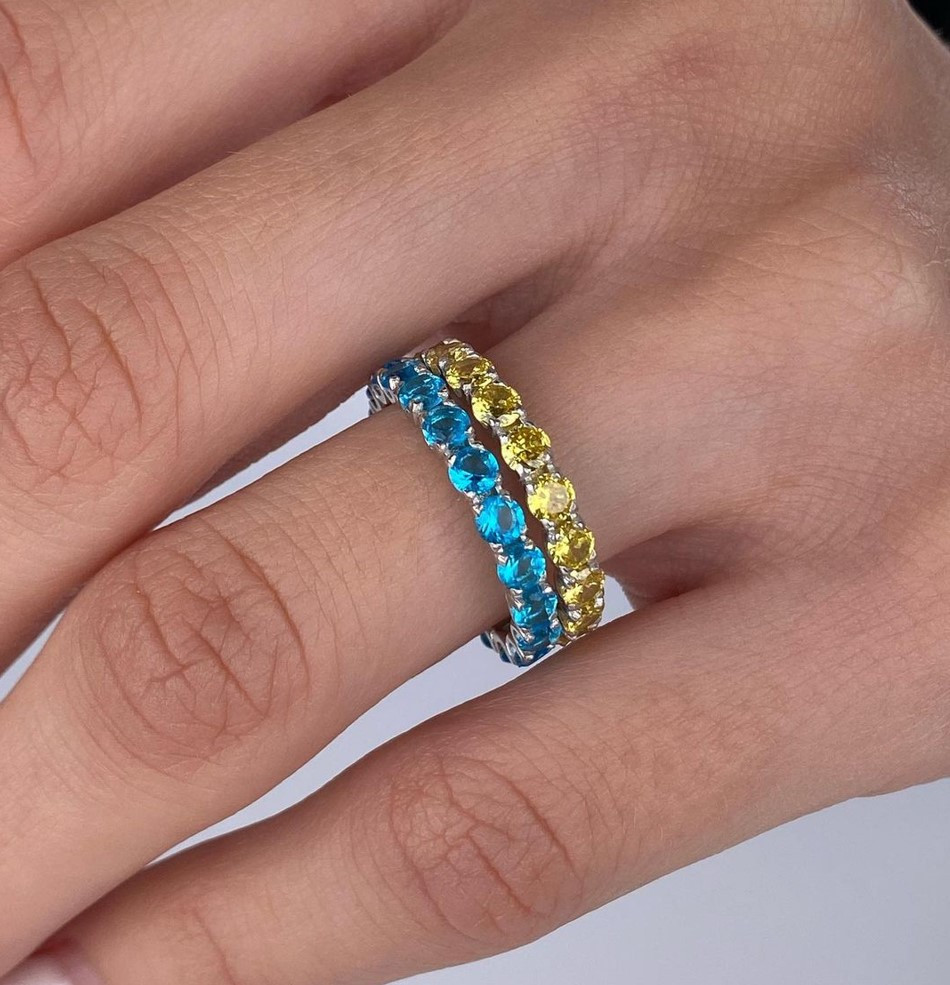 Срібні каблучки подвійні синє і жовте Патріотичні