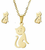 Золотистый набор: серьги-гвоздики и кулончик на цепочке "Пушистые коты"