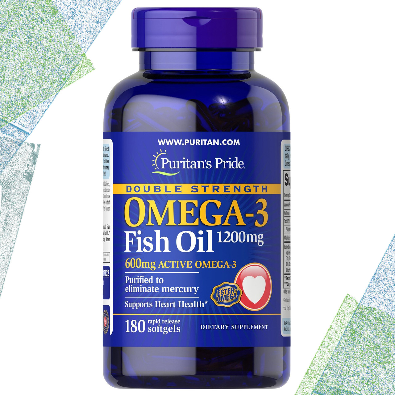 Риб'ячий жир Puritan's Pride Double Strength Omega-3 Fish Oil 1200 мг (600 мг Active Omega-3) 180 гелевих капсул, фото 1