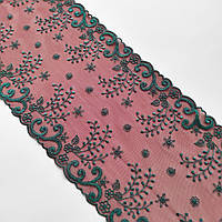 Ажурное кружево вышивка на сетке: красно-коричневая сетка, зеленая нить, ширина 19,5 см