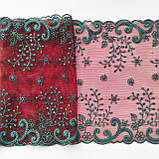 Ажурне мереживо вишивка на сітці: червоно-коричнева сітка, зелена нитка, ширина 19,5 см, фото 5