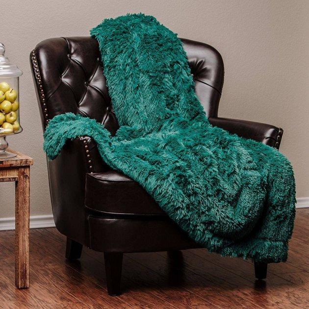 Покривало плед травка на ліжко пухнастий хутряний двоспальний на диван євро 220х240 см зелений