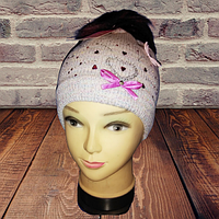 Шапка для дівчинки на флісі з бубоном і бантиком 6095