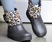 Дутики гумові чорні жіночі на флісі з лепардовим принтом