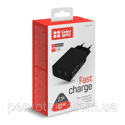 Мережевий зарядний пристрій ColorWay 2*USB AUTO ID 2.1A (10W) Black/White(CW-CHS015-BK/CW-CHS015-WT), фото 1