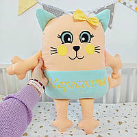 Именная подушка мягкая игрушка - Котик с именем, подарок девочке. Игрушка ручной работы. Оригинальный подарок.