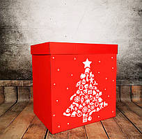 Новорічна коробка-сюрприз 70х70 см (червона + ялинка біла) +декор