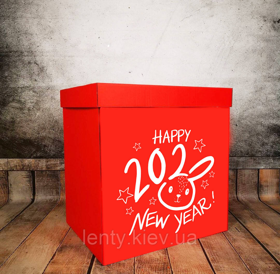 Новорічна коробка-сюрприз 70х70 см (червона + зайчик 2023) +декор