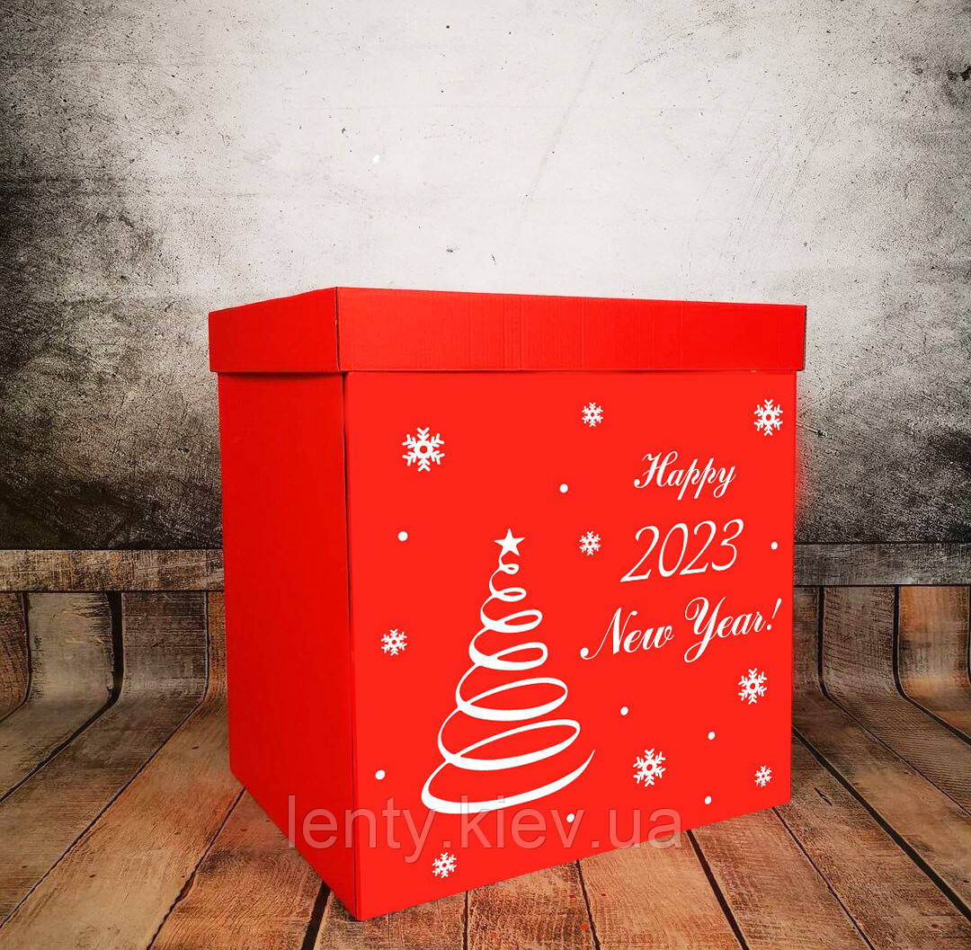 Новорічна коробка-сюрприз 70х70 см (червона + ялинка Happy New Year) +декор