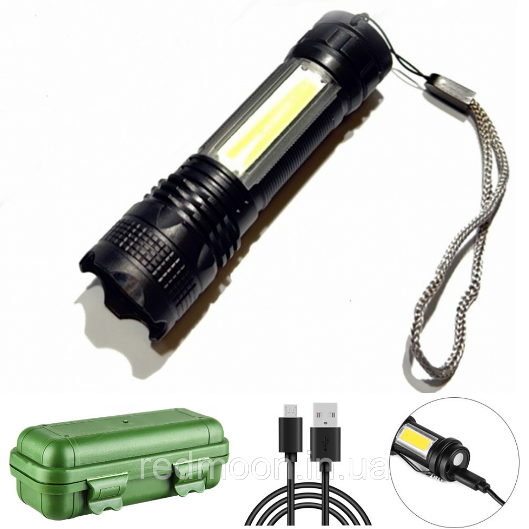 Ручний ліхтар акумуляторний з USB-зарядкою, BL-529B+COB + Кейс / Потужний тактичний Ліхтарик з бічним світлом