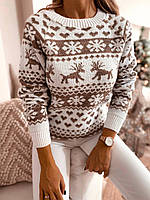 Жіночий светр новорічний з оленями біло-бежевий