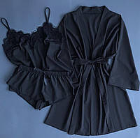 Черный халат и пижама с кружевом